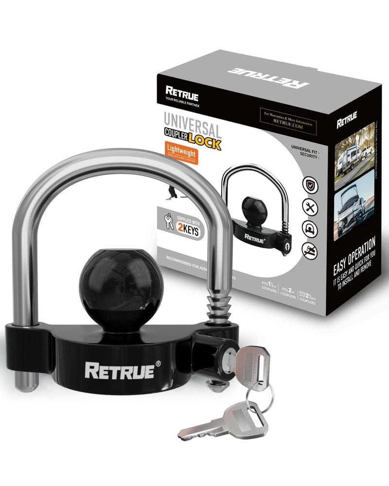 RETRUE Universal Coupler Lock Trailer Locks Ball Hitch Trailer Hitch Lock Adjustable Security Heavy-Duty Steel fits 1-7/8 Inch, 2 Inch, 2-5/16 Inch Couplers, Black - Image 1